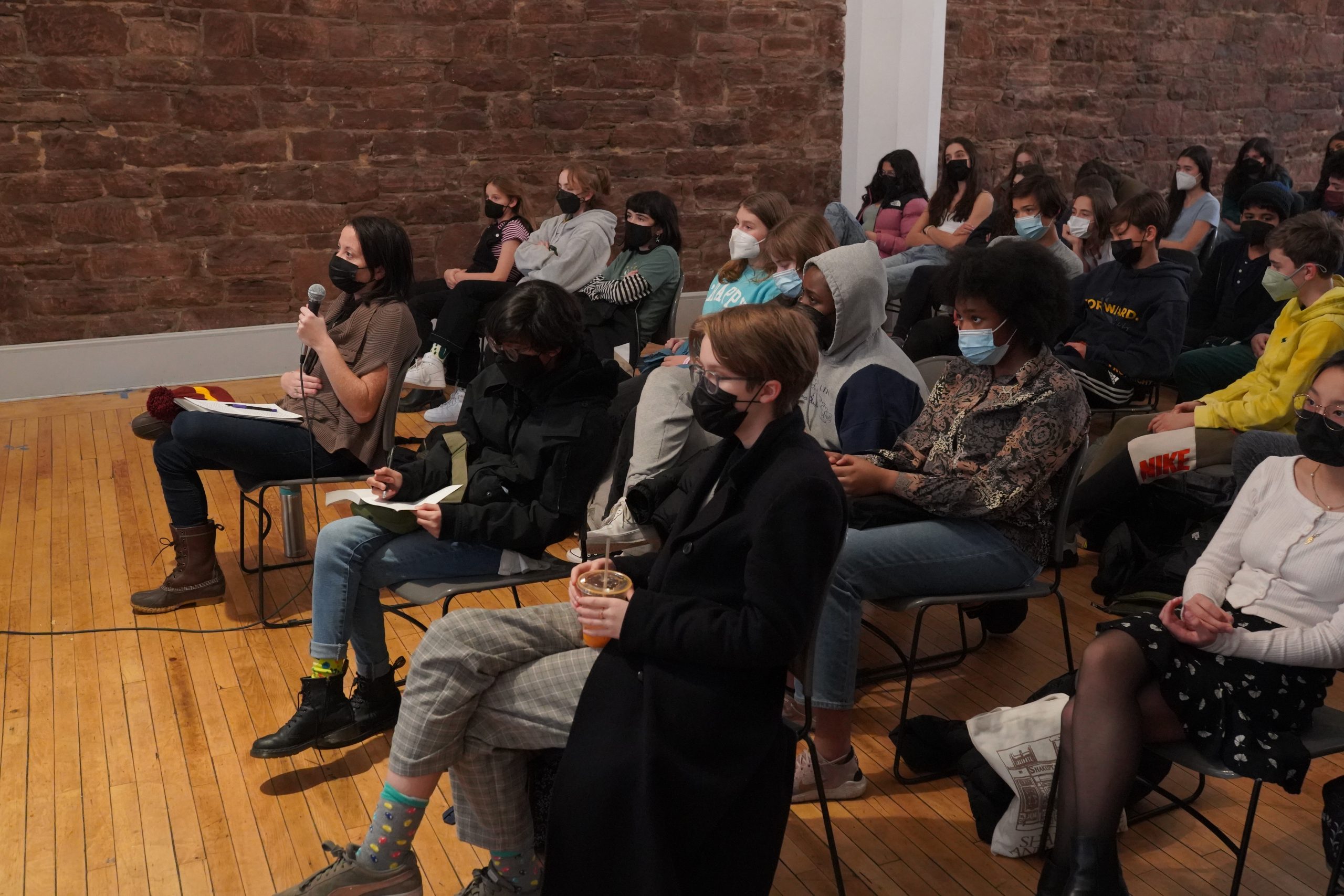 Head of high school Chloe Smith moderates a panel discussion with alum_filmmaker Ry Russo-Young and author Nicola Yoon.